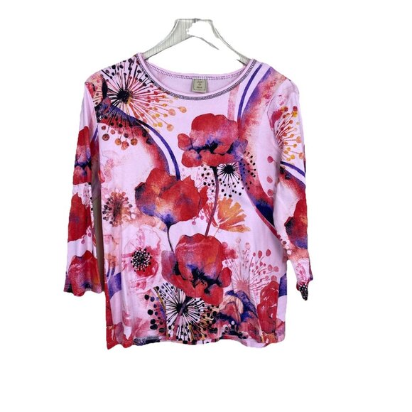 Jess And Jane Size XL Colorful Pink Purple Floral Print Cotton Top 3/4 Sleeves - Picture 2 of 7